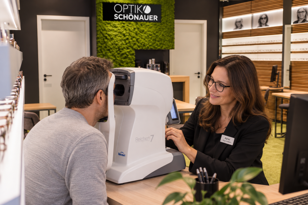 Ber&uuml;hrungslose Messung des Augeninnendrucks bei Optik Sch&ouml;nauer
