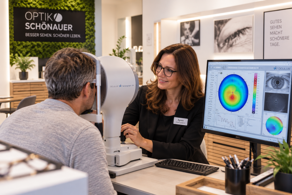 Mit dem OCULUS Keratograph 5M erstellen wir eine detaillierte Topographie Ihrer Hornhaut. Das ist besonders wertvoll bei unregelm&auml;&szlig;igen Hornhautformen, Keratokonus und f&uuml;r die pr&auml;zise Anpassung formstabiler und spezieller Kontaktlinsen.