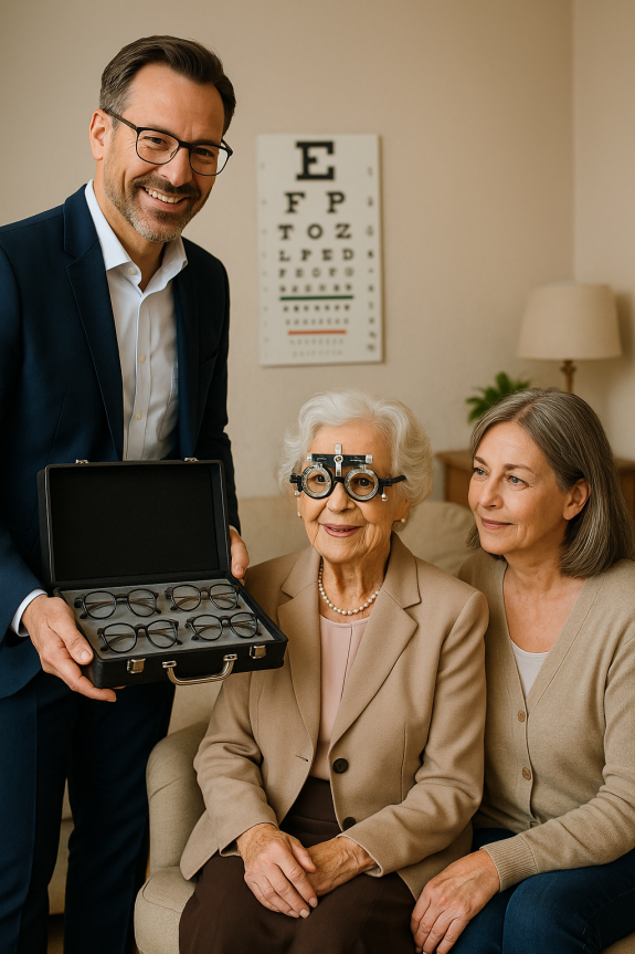Hausbesuch eines Spezialisten, Augenarzt, Optiker zu Hause in den eingen Räumen bei Senioren, Behinderten, gebrechlich, alten Leuten, Eltern. Sehtest Zuhause vom Spezialisten in Ingolstadt.